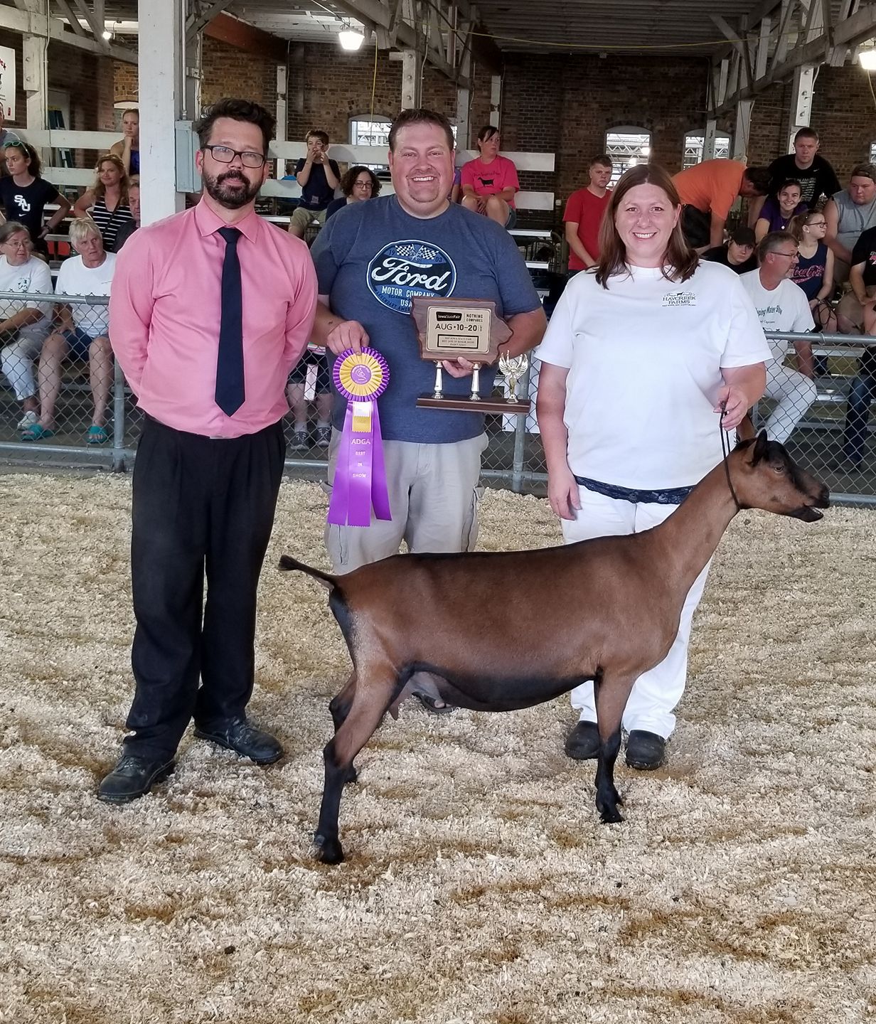 Senior BDIS Haycreek Farms Stradavaria Senior Best Doe in Show, Haycreek Farms Stradavaria, Morgan and Keith Allen with Scott Bice