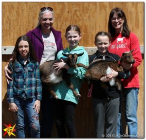 left to right Mya Kiefer and Erica Kiefer of Little Dickens Farm, Elizabeth Olson with her doeling Heaven, Alyssa Olson with her doeling BeDazzled and Pat Blank of Black Eagle Ranch Nigerians